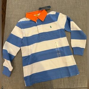 Ralph Lauren stripped shirt. Blue and white stripes with orange collar.
